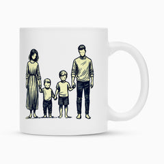 Die Tasse "Eltern-Söhne" von MarketPrint zeigt als weiße Keramiktasse eine schlichte Linienzeichnung einer vierköpfigen Familie, die Händchen hält - ideal als liebevolle Sublimationstasse für den Alltag.