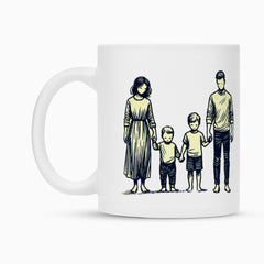 Die MarketPrint Tasse "Eltern-Söhne" ist eine weiße Keramik-Sublimationstasse mit einer Illustration einer Familie aus vier Personen: Mutter, Vater und zwei Kinder, die nebeneinander Händchen halten.