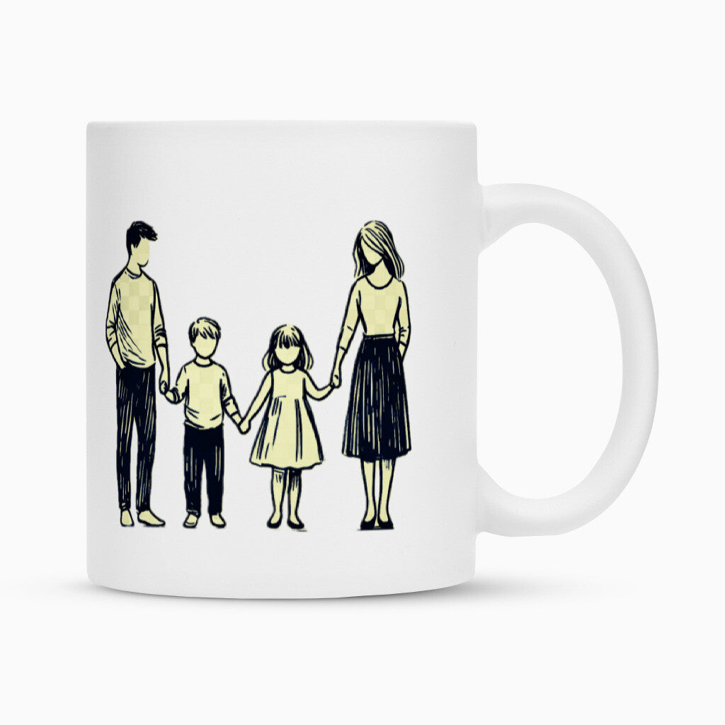 Die Tasse Eltern "Sohn-Tochter" von MarketPrint ist eine weiße Keramiktasse mit schlichter Linienzeichnung von zwei Erwachsenen und zwei Kindern, die Händchen halten - besonders langlebig durch hochwertige Duraglaze-Beschichtung.