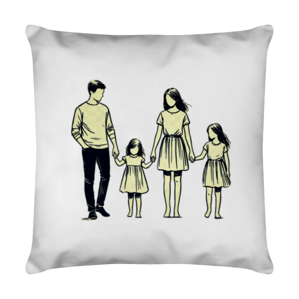 Das Kissen "Eltern-Töchter" von MarketPrint zeigt eine minimalistische Illustration einer Familie mit Mann, Frau und zwei Töchtern, die sich an den Händen halten, auf einem Kissen mit Reißverschluss.