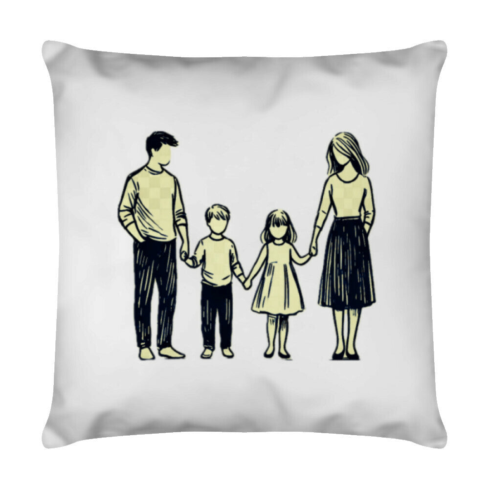 Das Kissen "Eltern-Kinder" von MarketPrint ist weiß, zeigt eine skizzierte Familie mit vier Personen und verfügt über einen Reißverschluss sowie herausnehmbares Futter für einfaches Reinigen.