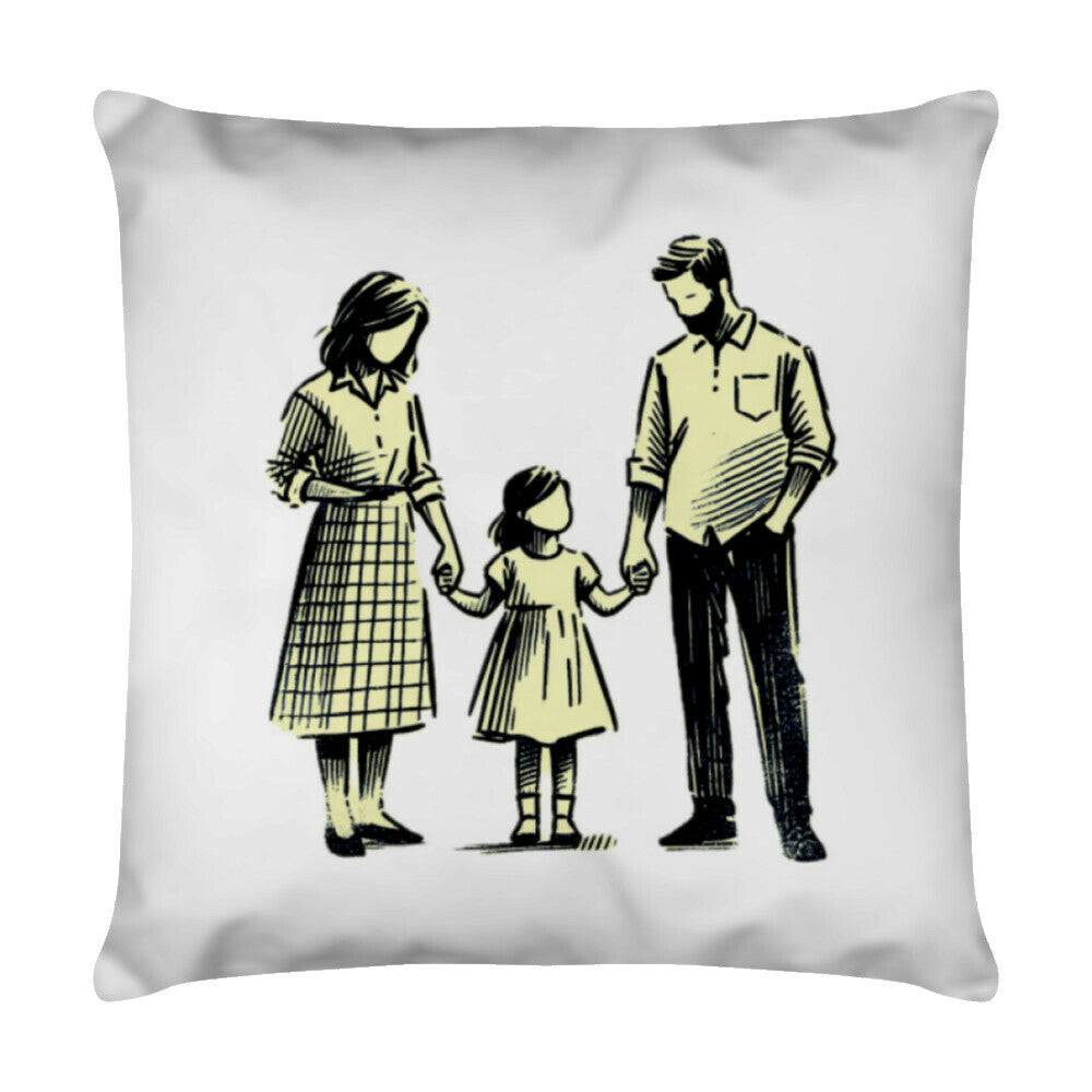 Das Kissen "Eltern-Tochter" von MarketPrint zeigt eine schlichte Sketch-Illustration von zwei Erwachsenen und einem Kind auf hellem Hintergrund. Mit Reißverschluss für leichtes Herausnehmen des Futters.