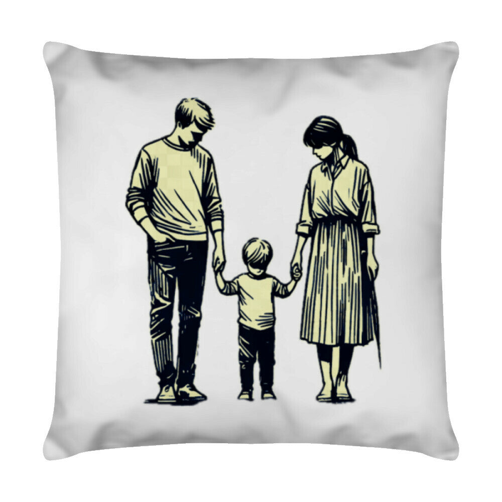 Das Kissen "Eltern-Sohn" von MarketPrint zeigt eine schwarz-weiße Illustration von zwei Erwachsenen, die ein Kind an den Händen halten. Alle Figuren sind vorne zu sehen; der praktische Reißverschluss erleichtert die Pflege.