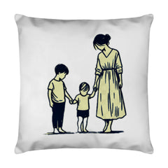 Das MarketPrint Kissen "Mutter-Söhne" zeigt eine einfache Strichzeichnung einer Mutter, die die Hand ihres jüngeren Sohnes in der Mitte hält, während ihr älterer Sohn auf der linken Seite steht und ebenfalls die Hand seines Bruders hält.