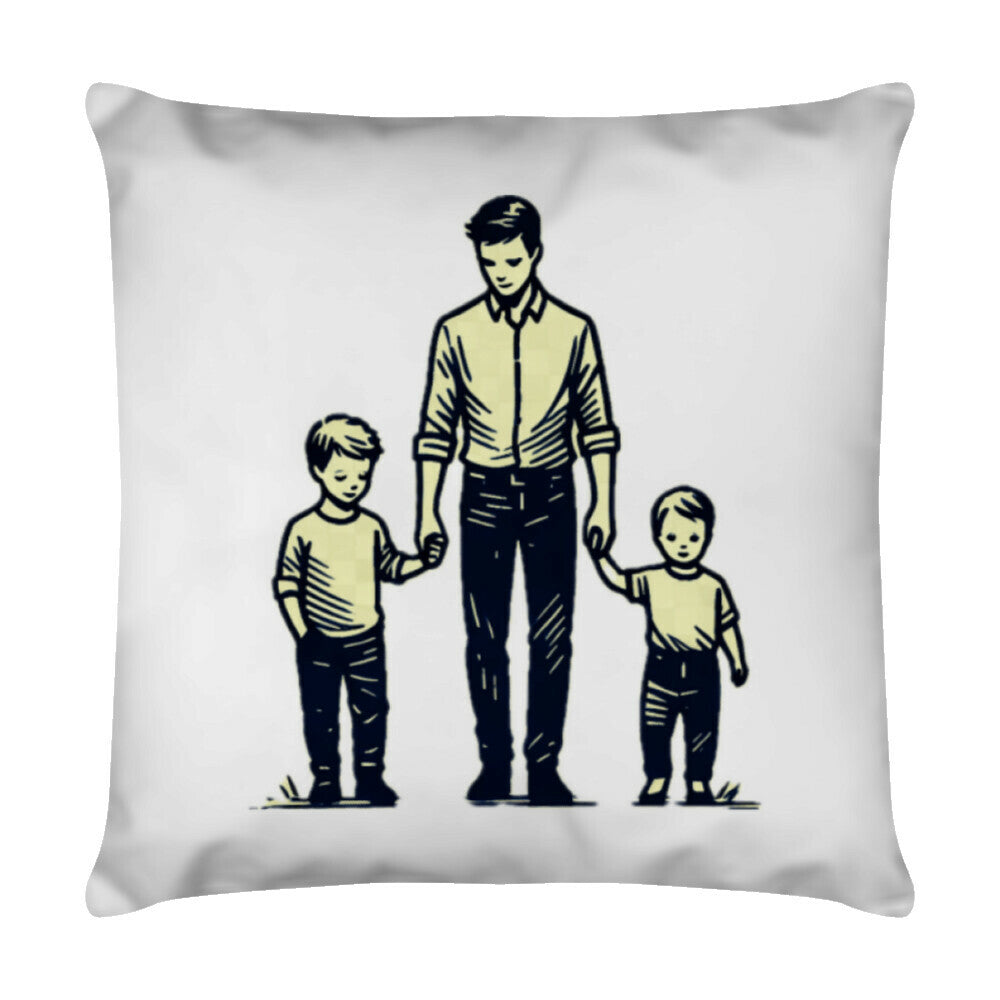 Auf dem MarketPrint Kissen "Vater-Söhne" mit Reißverschluss ist eine einfache Illustration eines Erwachsenen, der zwei Kinder an den Händen hält, aufgedruckt.