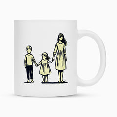 Die MarketPrint Tasse "Mutter-Kinder" ist eine weiße Keramiktasse mit einer minimalen, skizzenhaften Illustration eines Erwachsenen und zweier Kinder, die sich an den Händen halten und Seite an Seite stehen.