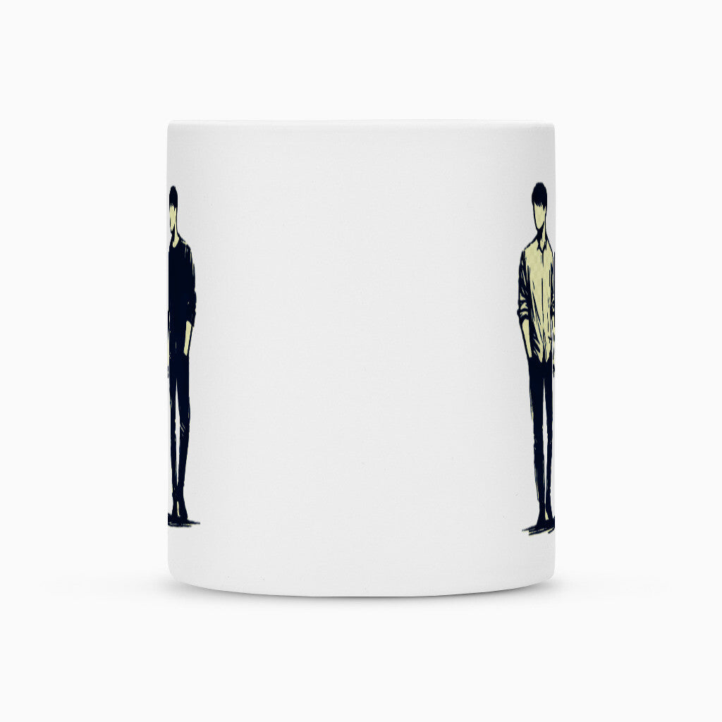 Die Tasse "Mann-Mann" von MarketPrint ist eine weiße Keramiktasse mit minimalistischen Illustrationen zweier gegenüberstehender Personen und viel Leerraum - stilvoll für Ihre Pause.