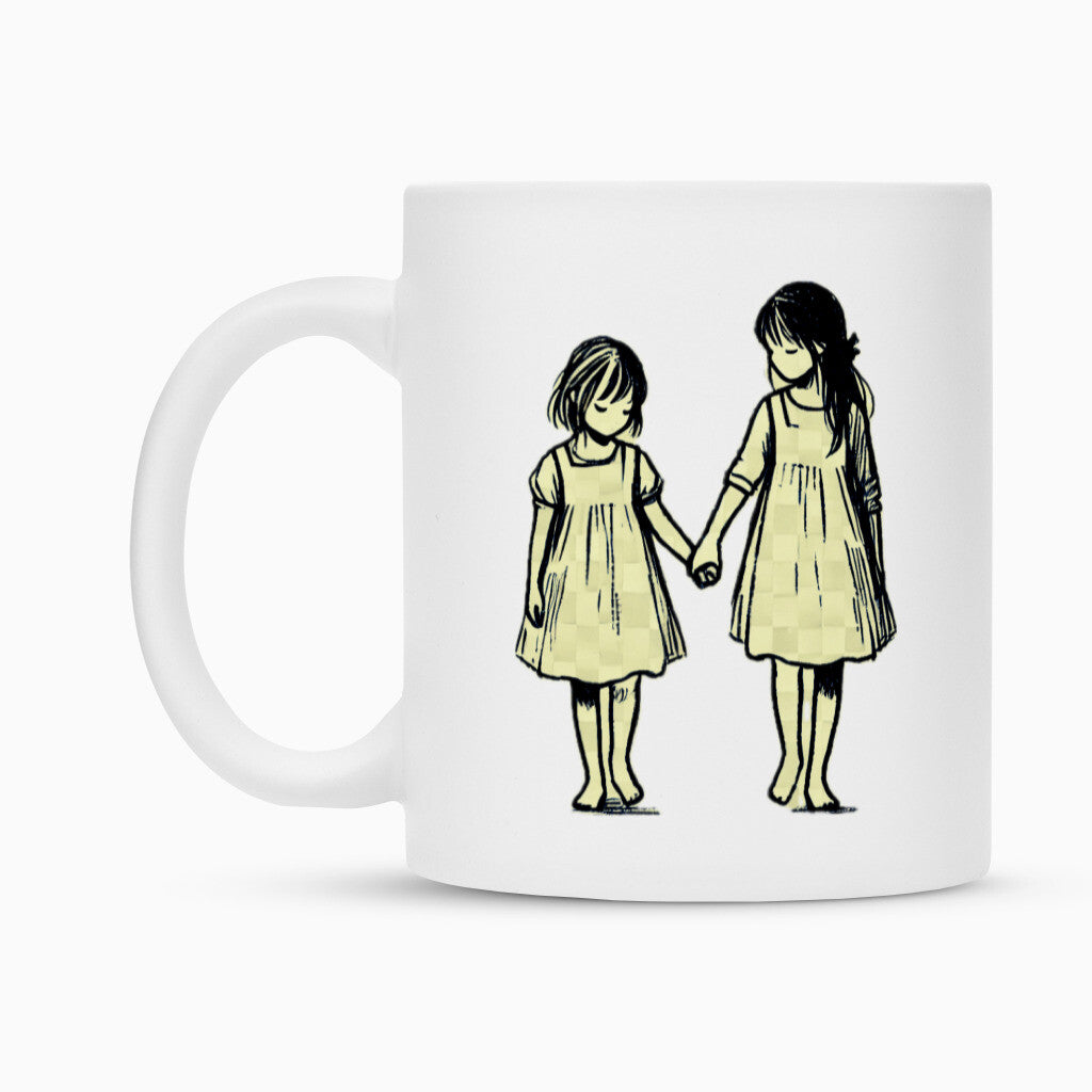 Die MarketPrint Tasse "Schwestern" zeigt eine schlichte schwarz-gelbe Illustration von zwei Mädchen in Kleidern, die sich an den Händen halten. Ihre Duraglaze-Beschichtung sorgt für dauerhafte Brillanz.