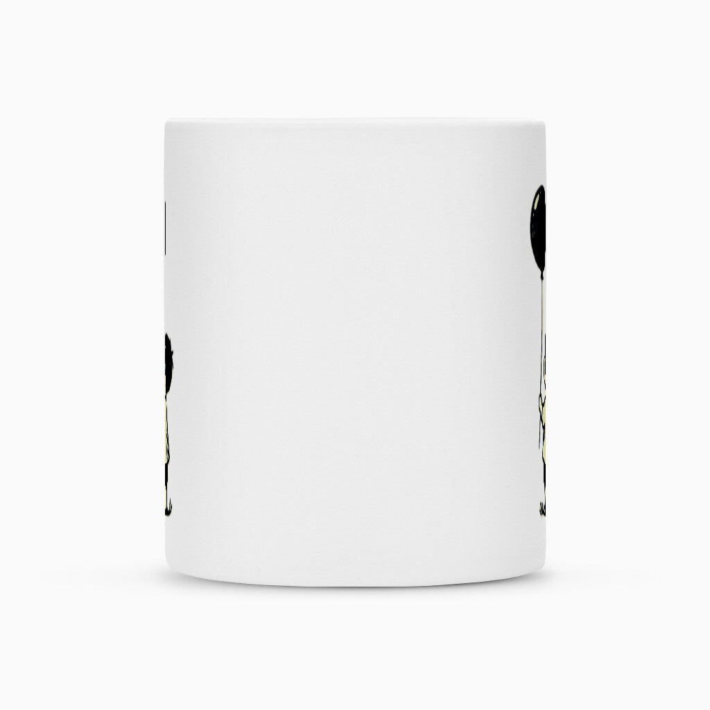 Die Tasse "Junge-Ballon" von MarketPrint zeigt zwei Strichmännchen mit schwarzen Ballons an den Seiten. Die Duraglaze-Sublimationstasse hat eine leere Fläche in der Mitte und eignet sich perfekt für Personalisierungen.