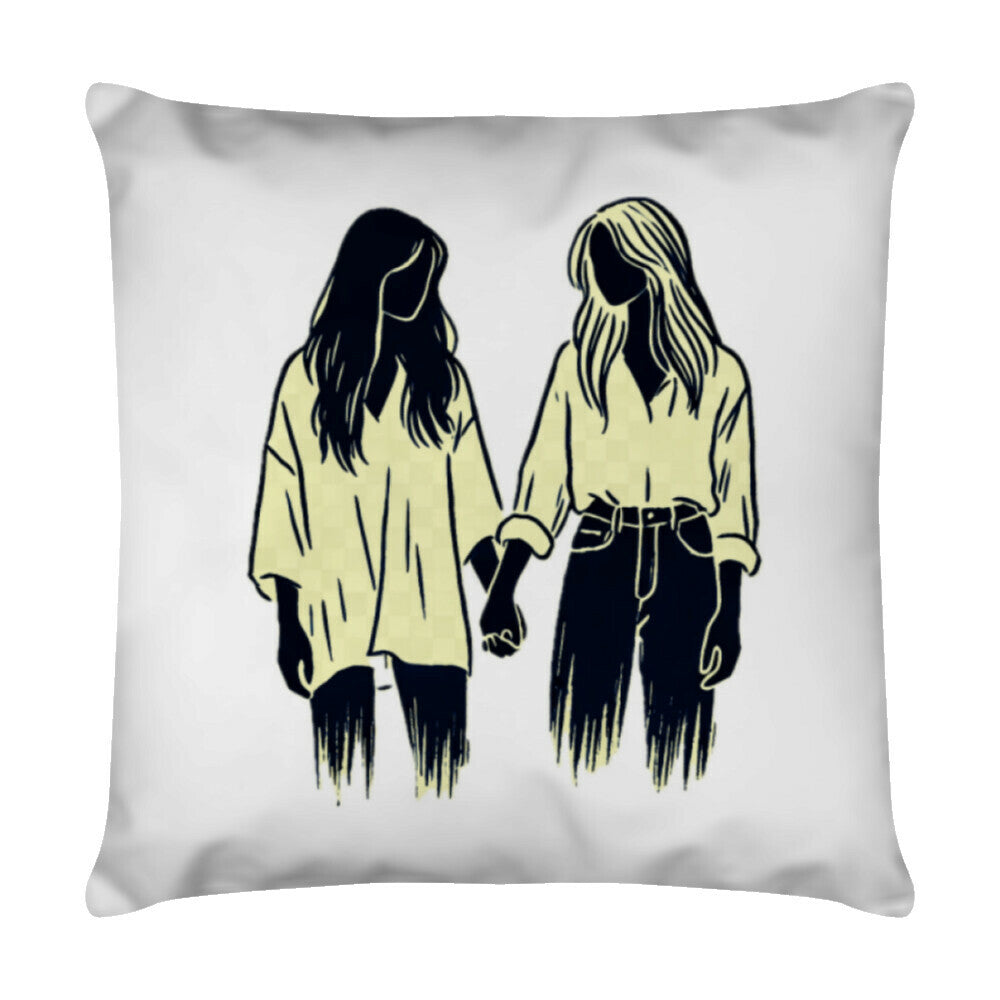Das Kissen "Frau-Frau" von MarketPrint zeigt eine minimalistische Illustration zweier Frauen Hand in Hand auf hellem Hintergrund, mit herausnehmbarem Futter und praktischem Reißverschluss.