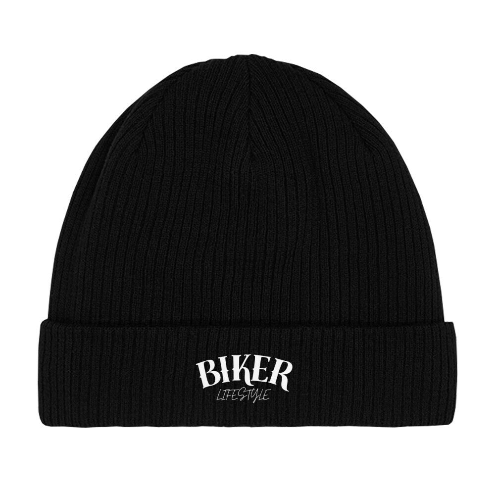Die MarketPrint Mütze "Biker" ist eine schwarze doppellagige Strick Beanie mit umgeschlagener Krempe und fettem, weißem "BIKER LIFESTYLE" Schriftzug auf der Vorderseite.
