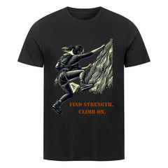 Das MarketPrint Premium Shirt "Find Strength" ist ein schwarzes Unisex-T-Shirt mit einem auffälligen orangefarbenen "Find Strength, Climb On."-Design und einer Illustration zum Klettern. Es ist aus weichem Singlejersey für ganztägigen Tragekomfort gefertigt.