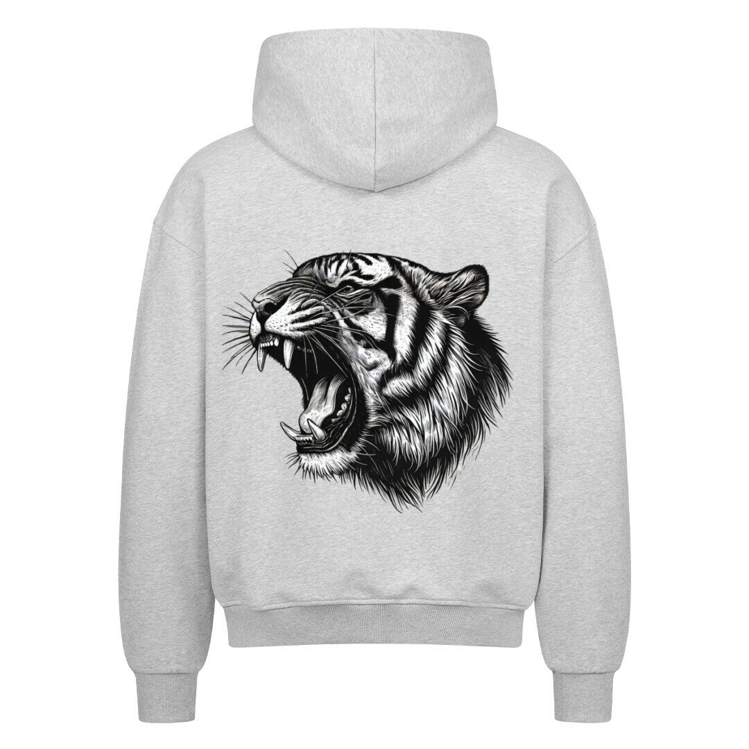 Der MarketPrint Oversized Zipper Hoodie "Tiger" ist ein grauer Kapuzenpulli mit einem auffälligen Tigergesicht, gefertigt aus 100% Baumwolle für höchsten Tragekomfort.