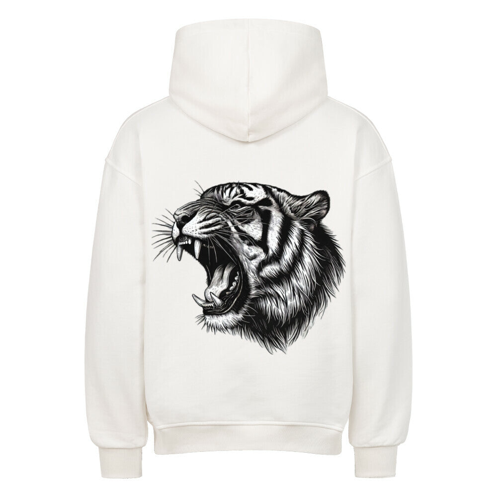 Der Oversized Hoodie "Tiger" von MarketPrint ist ein hochwertiger weißer Kapuzenpulli mit einer detaillierten schwarzen Illustration eines brüllenden Tigerkopfes auf dem Rücken.