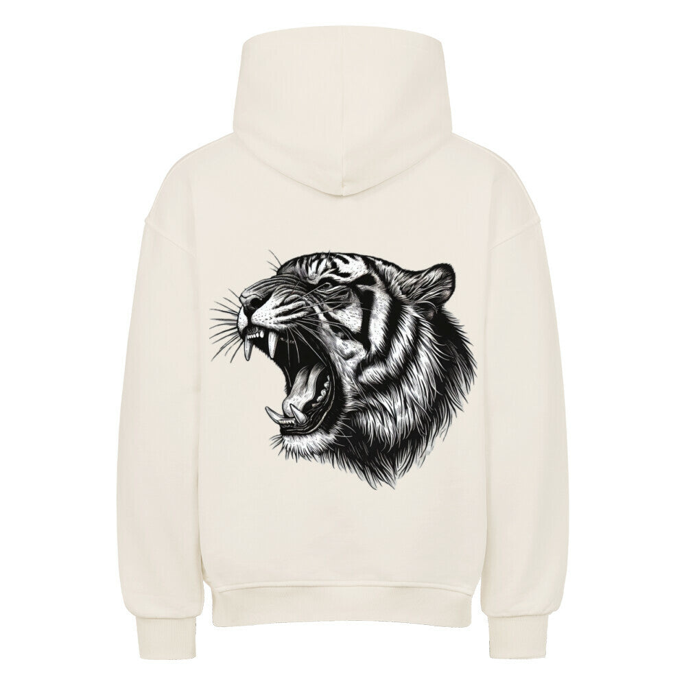 Der MarketPrint Oversized Hoodie "Tiger" ist ein cremefarbener Premium-Kapuzenpullover mit einer detaillierten schwarz-weißen Illustration eines brüllenden Tigerkopfes auf dem Rücken.