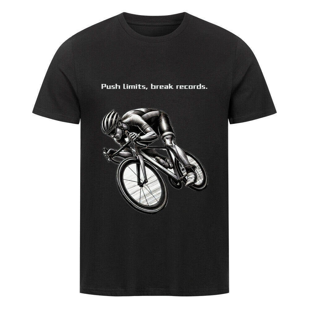 Das MarketPrint Premium Shirt "Radsport" ist ein schwarzes Unisex-T-Shirt aus weichem Bio-Baumwolle-Singlejersey mit einer Radfahrer-Illustration und der Aufschrift "Push limits, break records." über dem Bild.