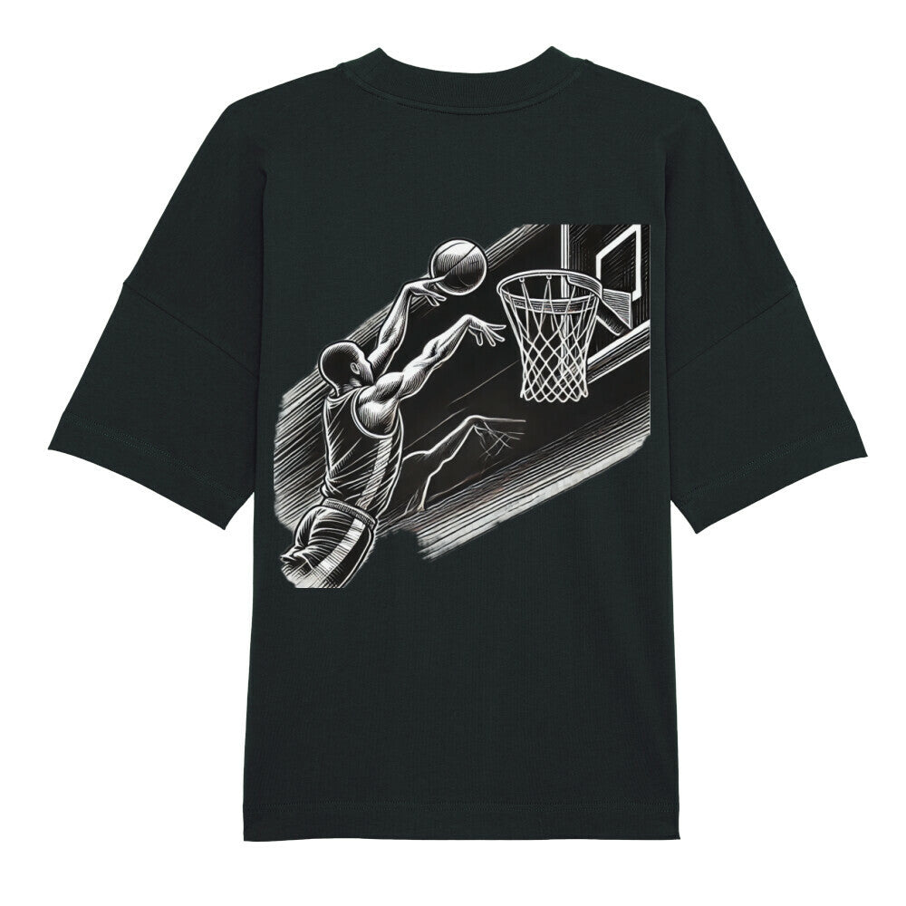 Das Premium Oversize Blast "Basketball" T-Shirt von MarketPrint besteht aus Bio-Baumwolle und zeigt einen Basketballspieler beim Slam Dunk mit weißen Highlights, die die Dynamik des Prints unterstreichen.