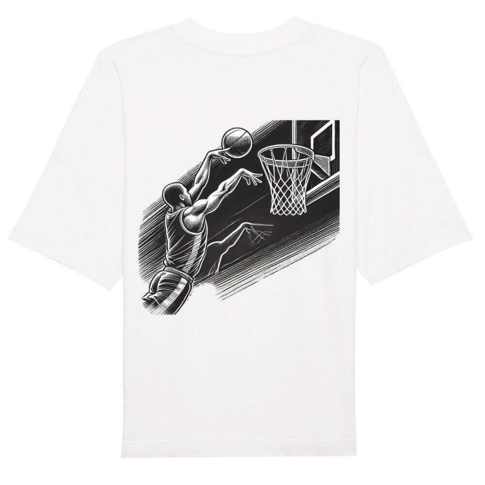 Das Premium Oversize Blast "Basketball" T-Shirt von MarketPrint besteht aus Bio-Baumwolle und zeigt eine schwarze Basketballspieler-Illustration mit dynamischen Linien, die Action und Bewegung vermitteln.