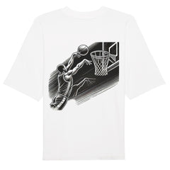 Das Premium Oversize Blast "Basketball" T-Shirt von MarketPrint besteht aus Bio-Baumwolle und zeigt eine schwarze Basketballspieler-Illustration mit dynamischen Linien, die Action und Bewegung vermitteln.