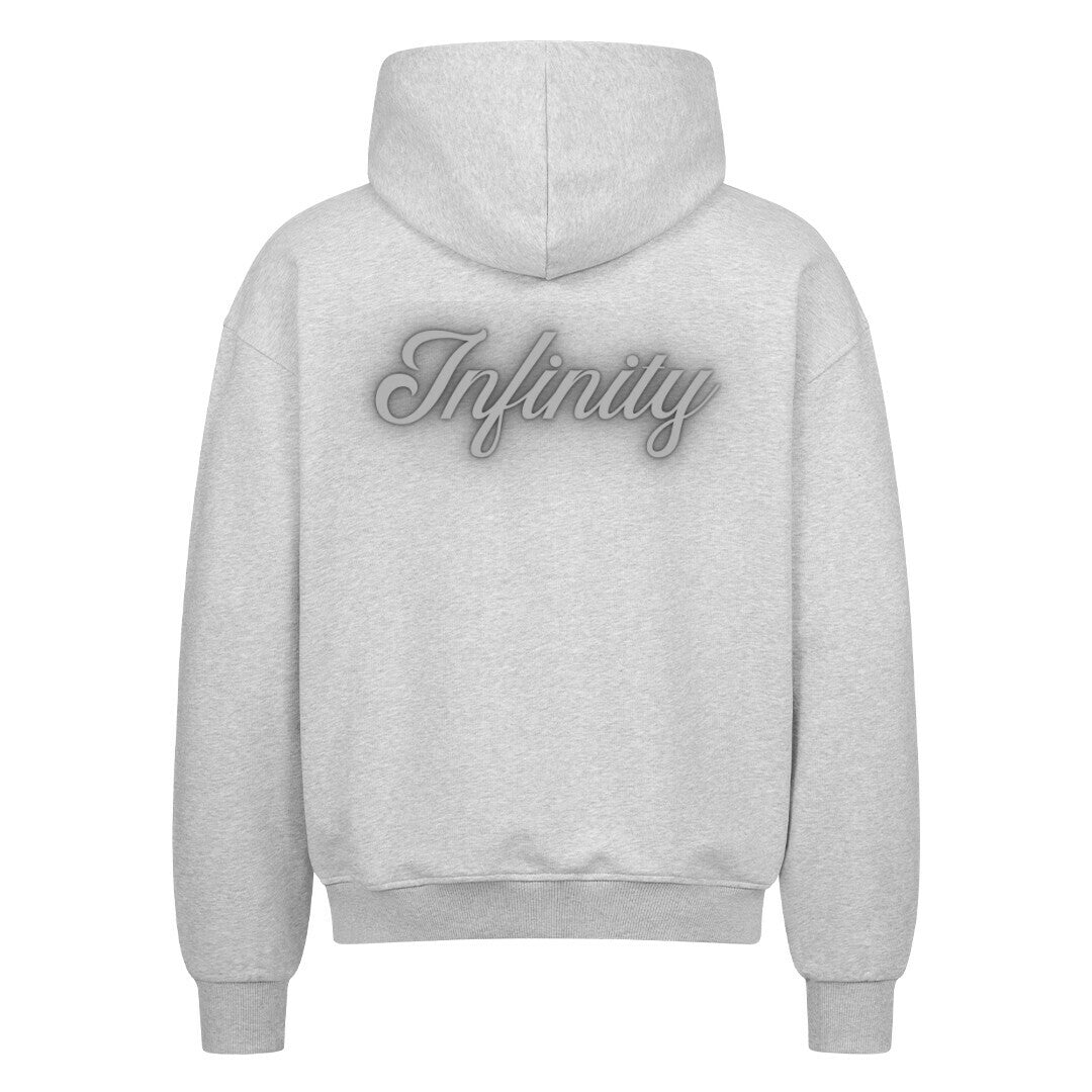 Der MarketPrint Oversized Zipper Hoodie "Infinity" in Hellgrau zeigt "Infinity" in großer grauer Schreibschrift auf dem Rücken. Gefertigt aus 100% Baumwolle, bietet der übergroße Schnitt ultimativen Komfort und Stil.