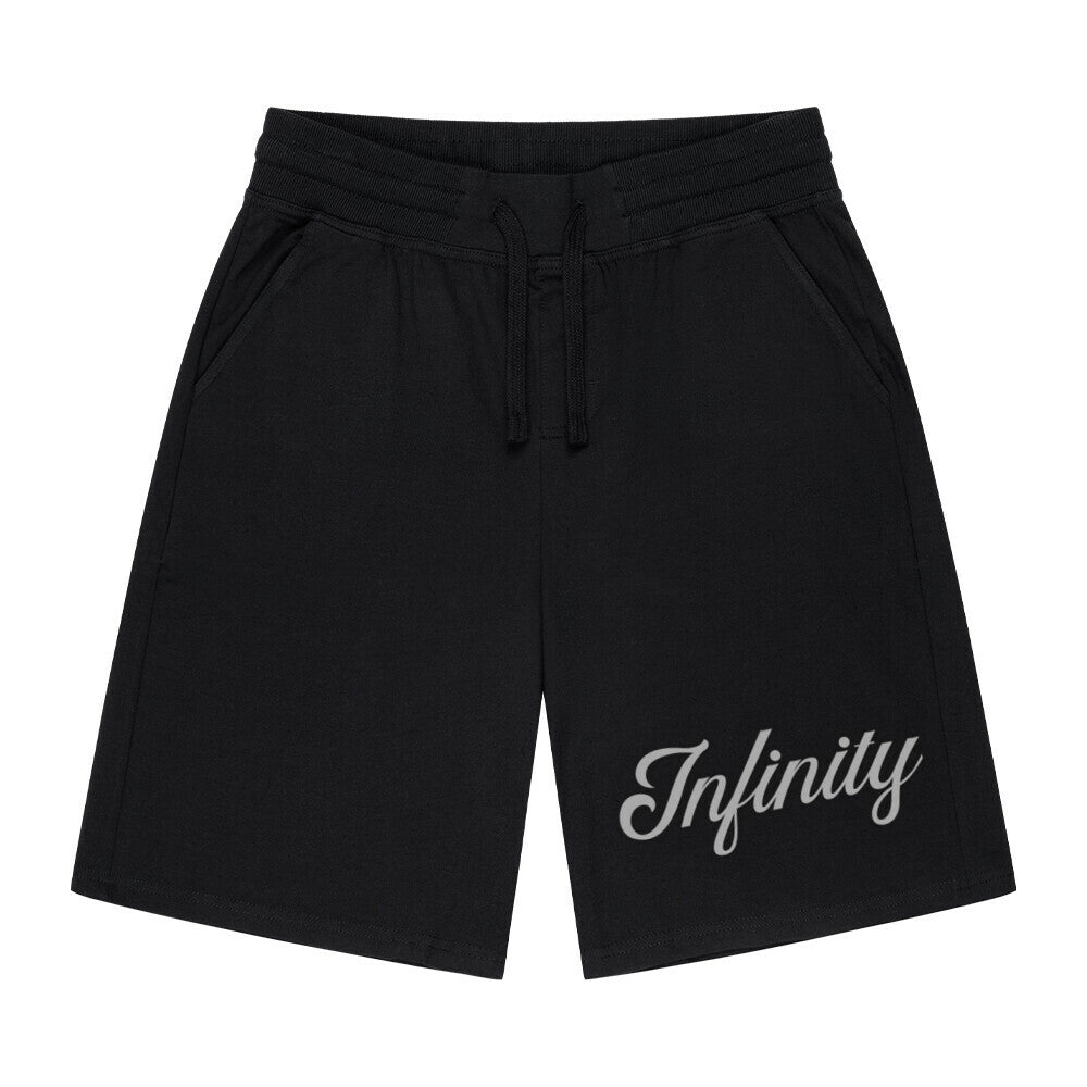 Die MarketPrint Shorts "Infinity" sind schwarze, knielange Herrenshorts mit elastischem Bund, Kordelzug, Seitentaschen und dem Aufdruck "Infinity" in großer Schreibschrift auf dem linken unteren Bein - ideal für jedes Fitnesstraining.