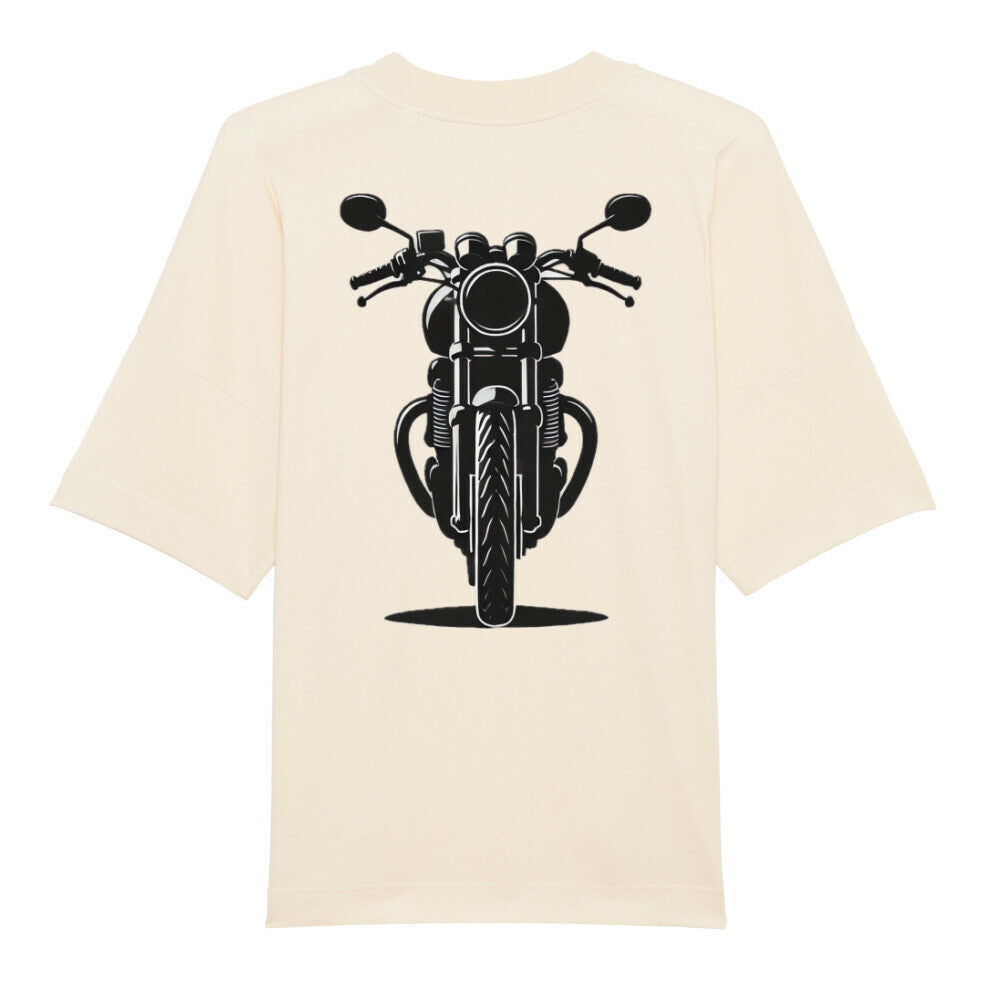 Das Premium Oversize "Motorrad" T-Shirt von MarketPrint in Creme aus Bio-Baumwolle mit schwarzem Motorrad-Frontprint auf dem Rücken - das ideale lässige Shirt für entspannte Outfits.