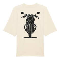 Das Premium Oversize "Motorrad" T-Shirt von MarketPrint in Creme aus Bio-Baumwolle mit schwarzem Motorrad-Frontprint auf dem Rücken - das ideale lässige Shirt für entspannte Outfits.