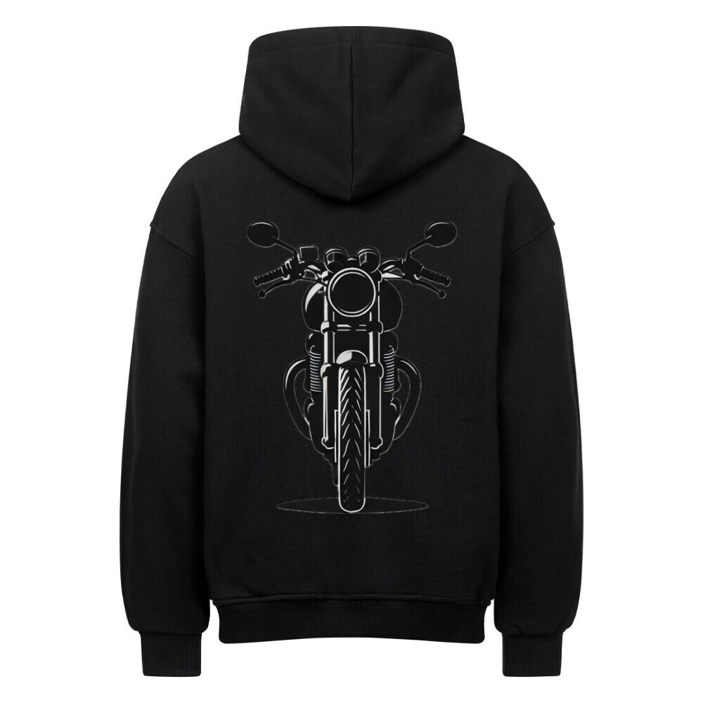 Der MarketPrint Oversized Hoodie "Motorrad" ist ein schwarzer Premium-Kapuzenpulli mit einer Motorrad-Grafik in Frontansicht, die auf dem Rücken zentriert ist.