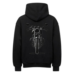 Der MarketPrint Oversized Hoodie "Motorrad" ist ein schwarzer Premium-Kapuzenpulli mit einer Motorrad-Grafik in Frontansicht, die auf dem Rücken zentriert ist.