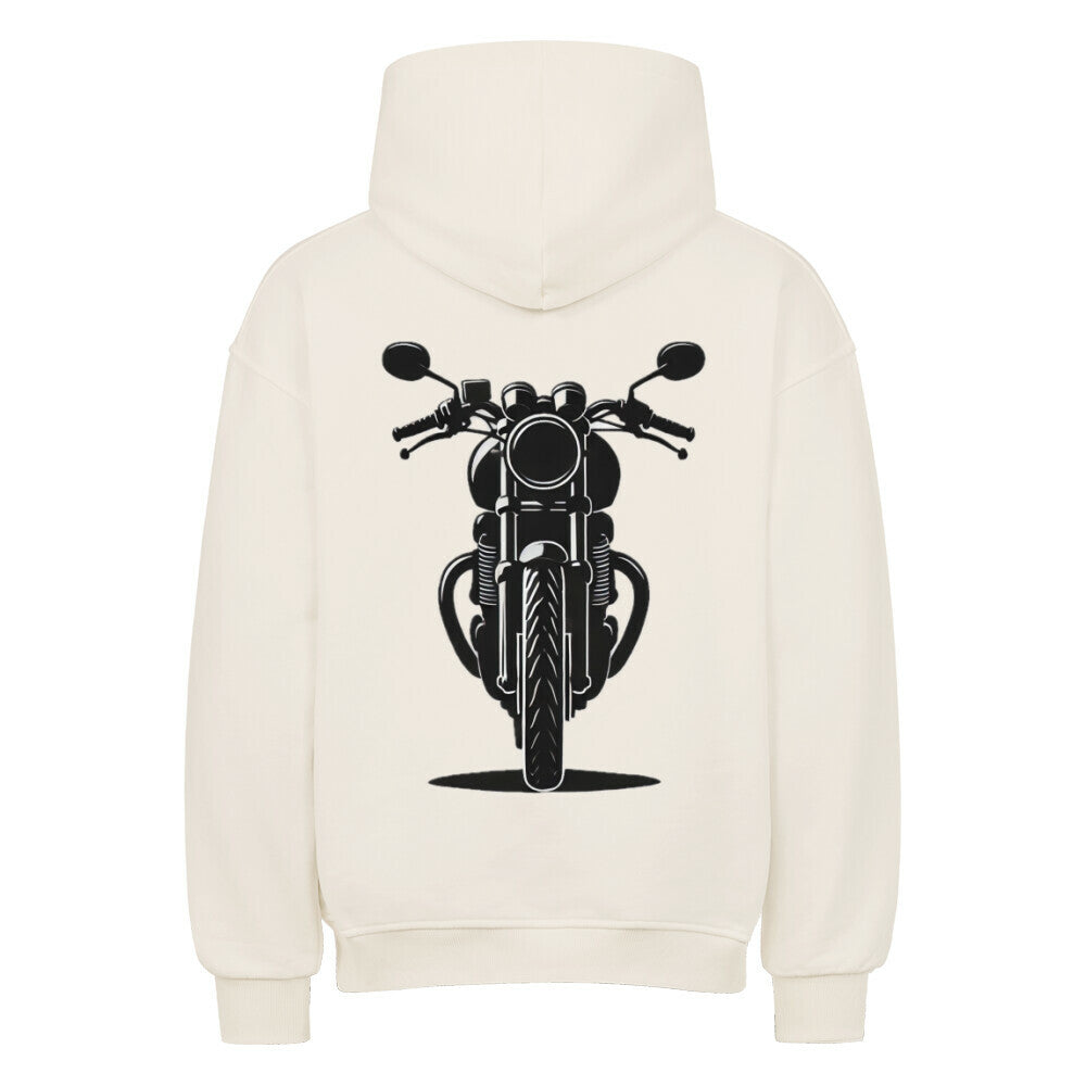 Der Oversized Hoodie "Motorrad" von MarketPrint ist ein cremefarbener Premium-Kapuzenpulli mit einer auffälligen schwarzen Motorradgrafik auf der Vorderseite, die auf dem Rücken zentriert ist. Er ist aus schwerer Baumwolle gefertigt und bietet einen hohen Tragekomfort.