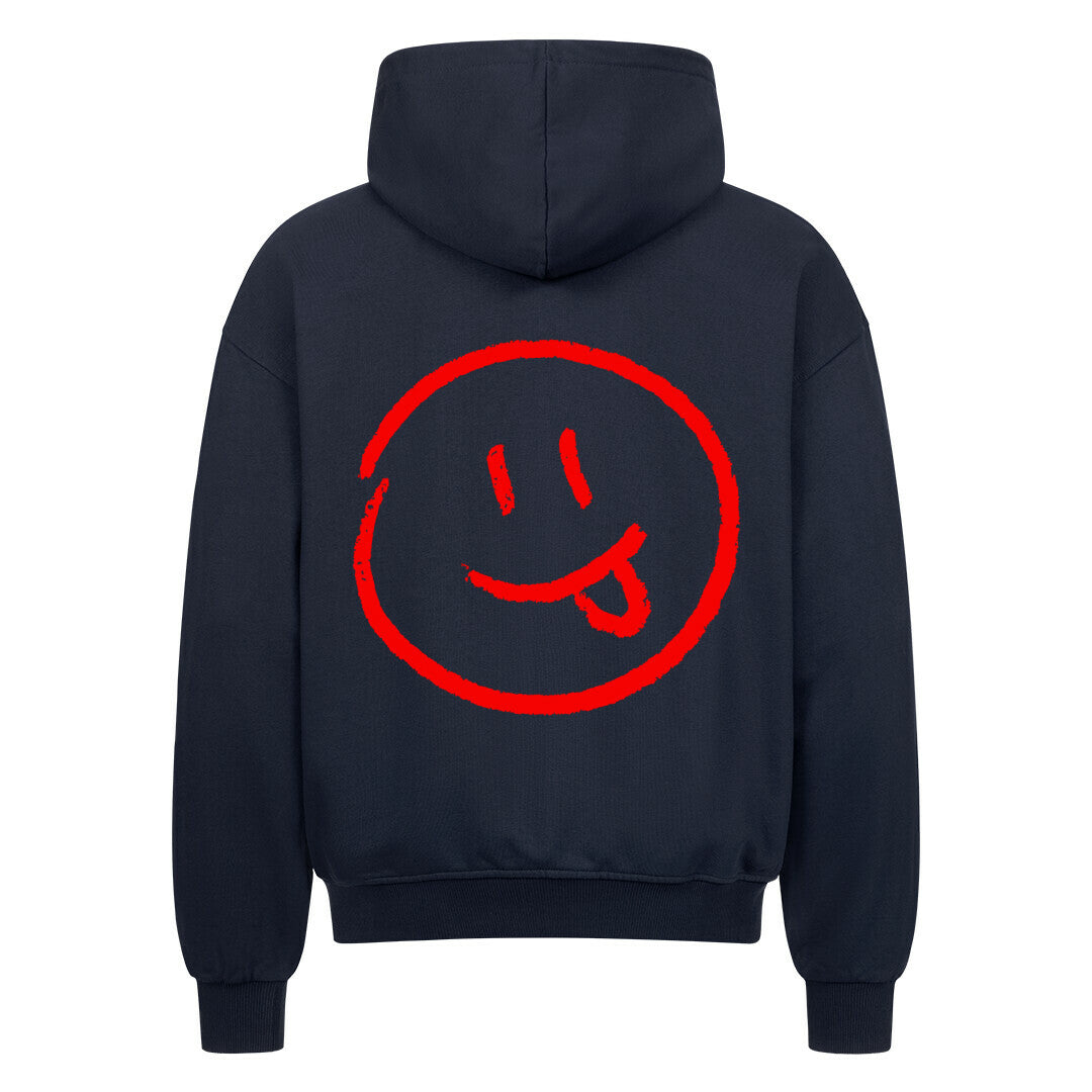 Der MarketPrint Oversized Zipper Hoodie "Smiley" ist eine schwarze Herren Kapuzenjacke mit einer auffälligen roten Smiley-Grafik auf dem Rücken - mit Strichaugen und herausgestreckter Zunge - für auffälligen, lässigen Style und Komfort.