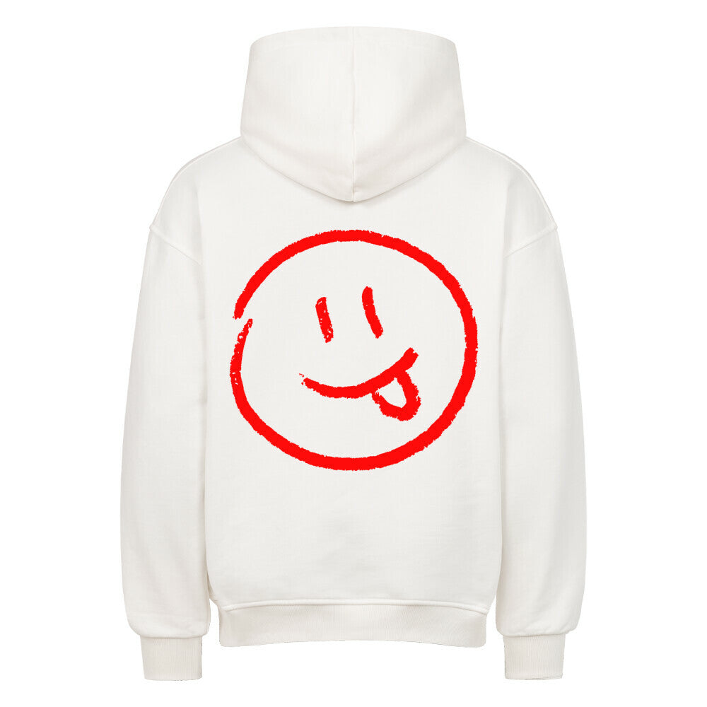 Der MarketPrint Oversized Hoodie "Smiley" in Weiß ist von hinten abgebildet, mit einem großen roten Umriss eines Smiley-Gesichts mit herausgestreckter Zunge in der Mitte.