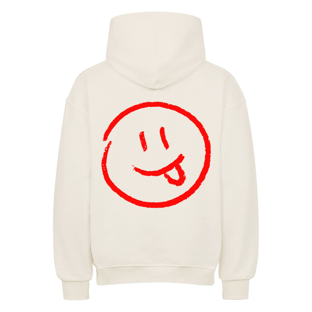 Der MarketPrint Oversized Hoodie "Smiley" ist ein weißer, weicher, langärmeliger Kapuzenpullover mit einem großen, roten Smiley-Gesicht auf dem Rücken, der erstklassigen Komfort mit verspieltem Stil verbindet.