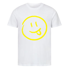 Das MarketPrint Premium Shirt "Smiley" ist ein weißes Unisex-T-Shirt aus weicher Bio-Baumwolle, das auf der Vorderseite ein großes gelbes Smiley-Gesicht mit herausgestreckter Zunge zeigt.