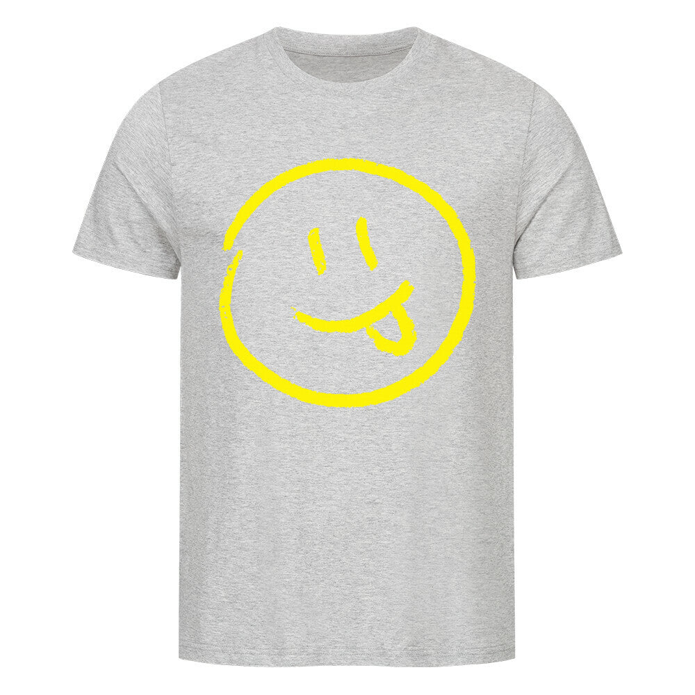Das MarketPrint Premium Shirt "Smiley" ist ein hellgraues Unisex-T-Shirt aus weicher Bio-Baumwolle, das auf der Vorderseite ein großes gelbes Smiley-Gesicht mit herausgestreckter Zunge zeigt.