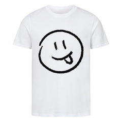 Das Premium Shirt "Smiley" von MarketPrint ist ein weißes Unisex-T-Shirt aus weichem Bio-Baumwoll-Single-Jersey. Es zeigt auf der Vorderseite eine große schwarze Skizze eines Smileys, das seine Zunge herausstreckt.