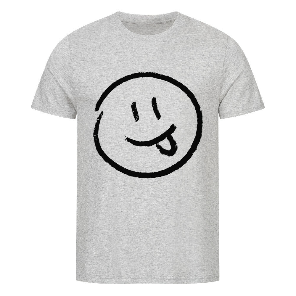 Das Premium Shirt "Smiley" von MarketPrint ist ein hellgraues Unisex Single Jersey T-Shirt mit kurzen Ärmeln, das ein großes, schwarzes, handgezeichnetes Smiley-Gesicht mit spielerisch herausgestreckter Zunge zeigt.