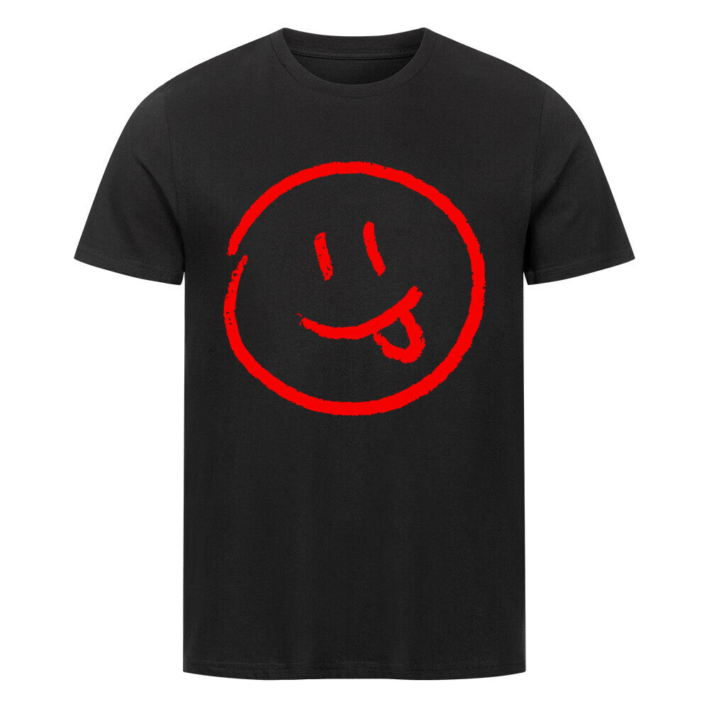 Das Premium Shirt "Smiley" von MarketPrint ist ein schwarzes Unisex-T-Shirt aus Bio-Baumwoll-Single-Jersey, das mit einem großen, roten, handgezeichneten Smiley-Gesicht mit herausgestreckter Zunge für einen frechen und verspielten Look sorgt.