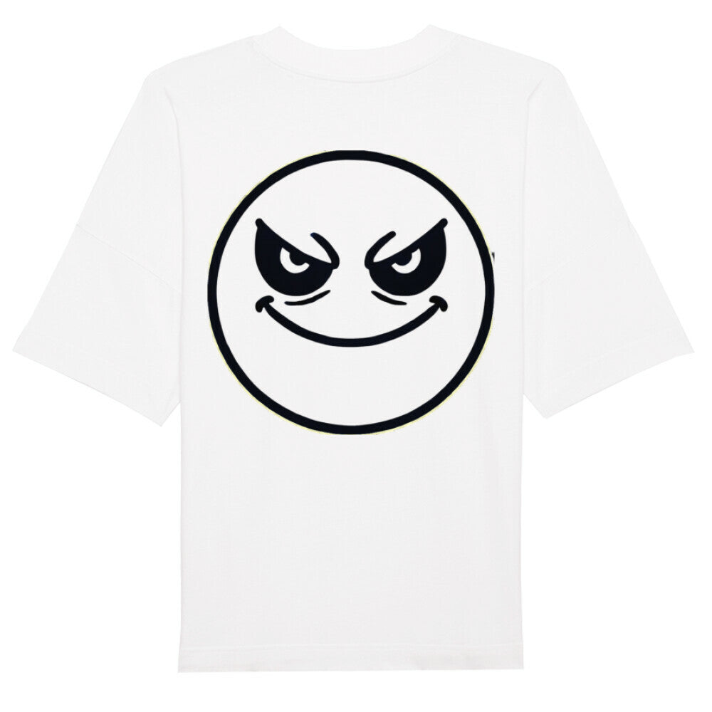 Das Premium Oversize Blast "Böser-smiley" Shirt von MarketPrint: Lässiges Bio-Baumwoll-T-Shirt mit großem schwarzen Kreis und wütendem Smiley auf dem Rücken - dein cooles Statement-Piece für den Alltag.