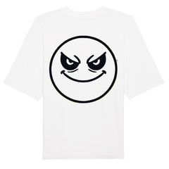 Das Premium Oversize Blast "Böser-smiley" Shirt von MarketPrint: Lässiges Bio-Baumwoll-T-Shirt mit großem schwarzen Kreis und wütendem Smiley auf dem Rücken - dein cooles Statement-Piece für den Alltag.