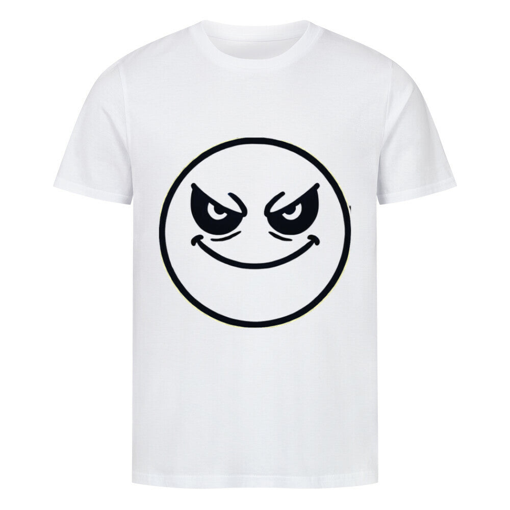 Das MarketPrint Premium Shirt "Böser-smiley" ist ein weißes Unisex-T-Shirt, das auf der Vorderseite ein rundes Gesicht mit gewölbten Augen und einem verschmitzten Lächeln zeigt.