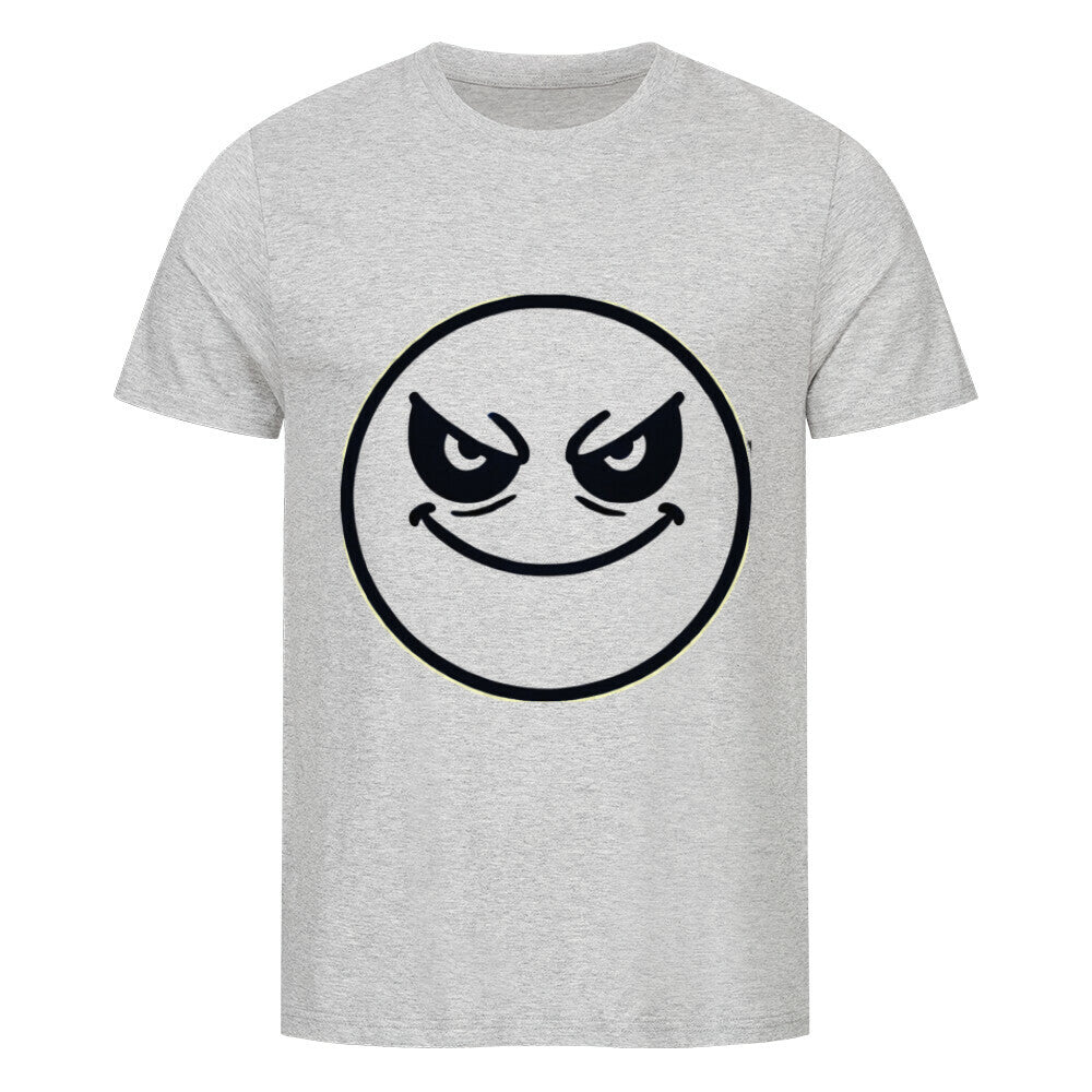 Das Premium Shirt "Böser-smiley" von MarketPrint ist ein hellgraues Unisex-Kurzarm-T-Shirt aus weichem Single-Jersey, auf dem ein böses, lächelndes Gesicht mit gewölbten Augenbrauen und schrägen Augen schwarz umrandet ist.