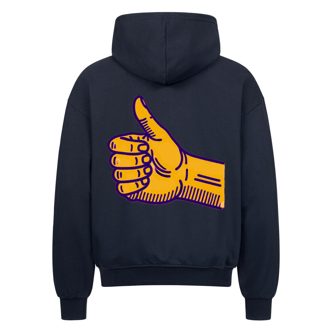 Der MarketPrint Oversized Zipper Hoodie "Daum hoch" in schwarz ist aus 100% Baumwolle gefertigt und zeigt eine große gelbe und lila Daumen-hoch-Grafik auf dem Rücken.