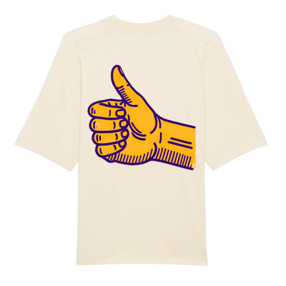 Das MarketPrint Premium Oversize Blast "Daum hoch" T-Shirt ist cremefarben, aus Bio-Baumwolle gefertigt und zeigt auf dem Rücken eine große gelbe Daumen-hoch-Hand in lila Umrandung. Das Shirt ist flach liegend abgebildet, die Rückseite ist sichtbar.