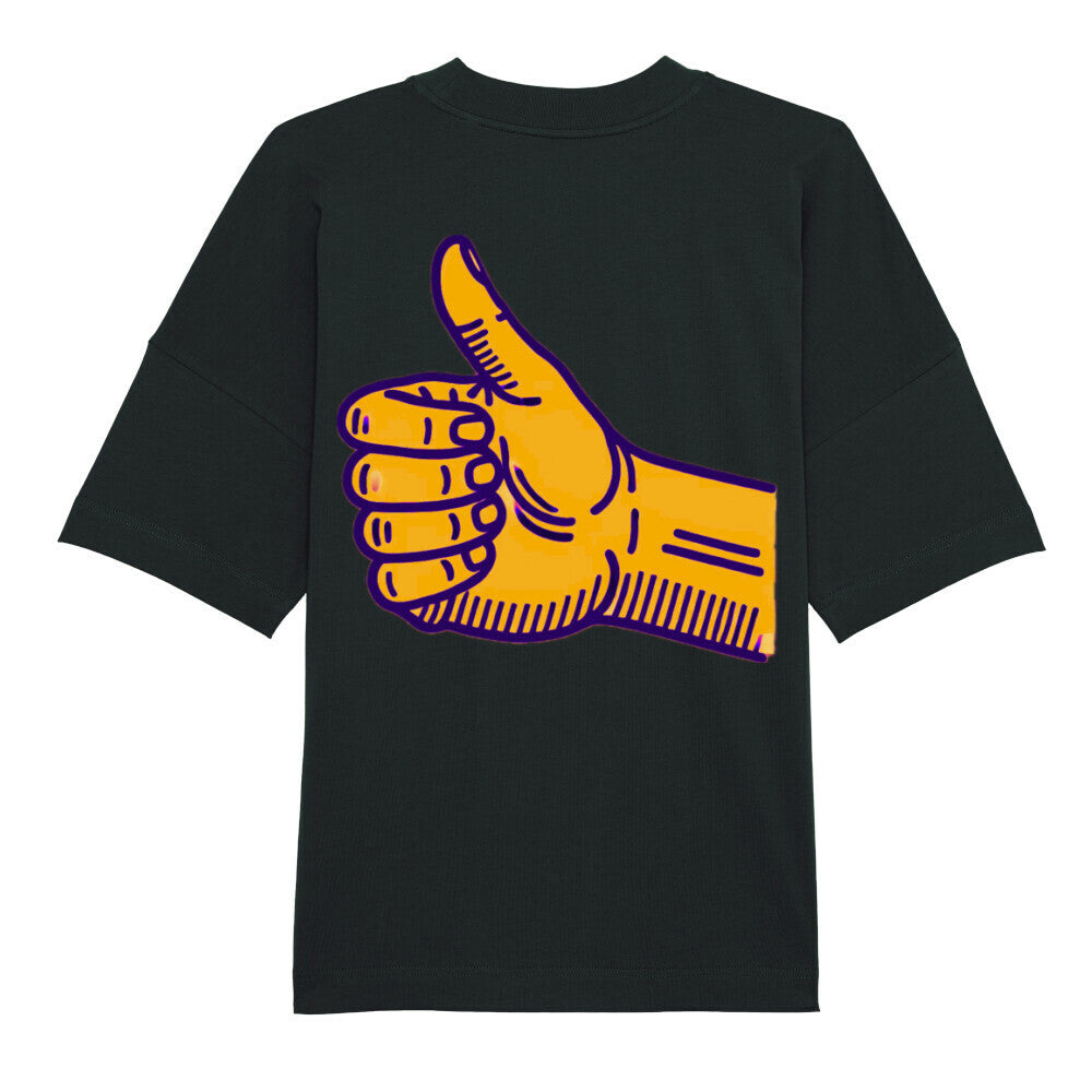 Das Premium Oversize Blast "Daum hoch" T-Shirt von MarketPrint besteht aus Bio-Baumwolle und zeigt vorn ein großes gelbes Daumen-hoch-Motiv mit lila Umriss.