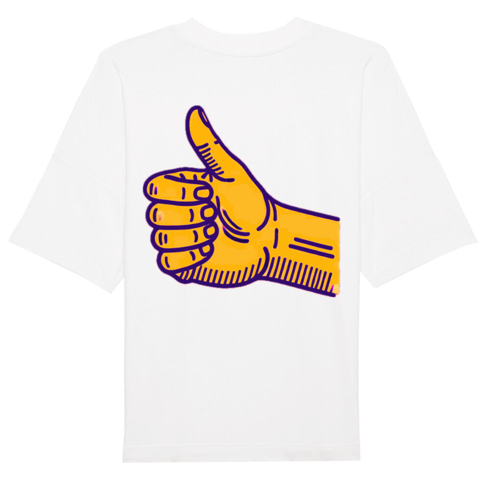 Das Premium Oversize Blast "Daum hoch" T-Shirt von MarketPrint besteht aus Bio-Baumwolle und hat einen großen gelben Daumen-hoch-Print mit lila Umrandung auf dem Rücken.