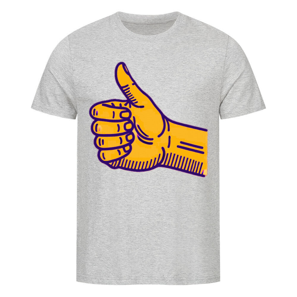 Das MarketPrint Premium Shirt "Daum hoch" ist ein hellgraues Unisex-T-Shirt aus weicher Bio-Baumwolle, das auf der Vorderseite eine große gelbe Daumen-hoch-Grafik mit lila Umrandung zeigt.