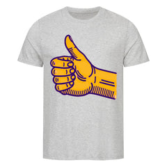 Das MarketPrint Premium Shirt "Daum hoch" ist ein hellgraues Unisex-T-Shirt aus weicher Bio-Baumwolle, das auf der Vorderseite eine große gelbe Daumen-hoch-Grafik mit lila Umrandung zeigt.