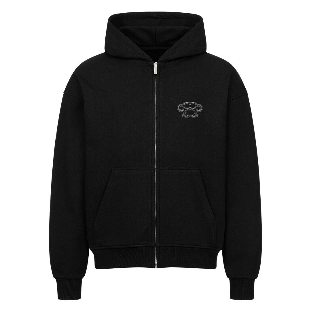 Der Oversized Zipper Hoodie "Schlagring" von MarketPrint ist ein schlichter, schwarzer Premium-Kapuzenpulli mit einer Fronttasche, Schlagring-Grafik auf der linken Brust, Kapuze und gerippten Bündchen und Saum. Hergestellt aus 100% Baumwolle für maximalen Komfort.