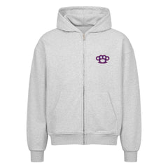 Der MarketPrint Oversized Zipper Hoodie "Schlagring" ist ein hellgrauer Kapuzenpullover in Übergröße aus 100% Baumwolle. Er verfügt über eine Fronttasche, gerippte Bündchen und Saum, eine Kapuze und eine lila Schlagring-Grafik auf der linken Brust.